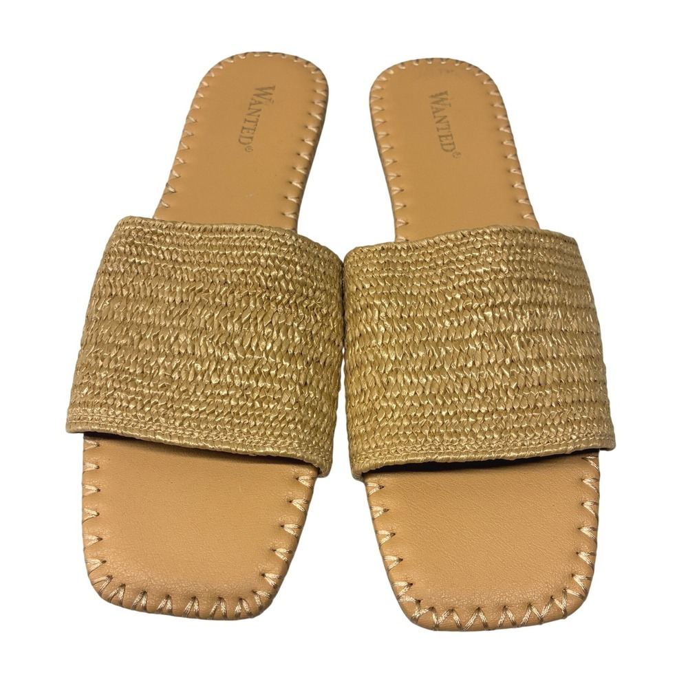 Wanted Ariel Sandals Slide Womens 6.5 Tan Straw Square Toe Flat Summer Beach